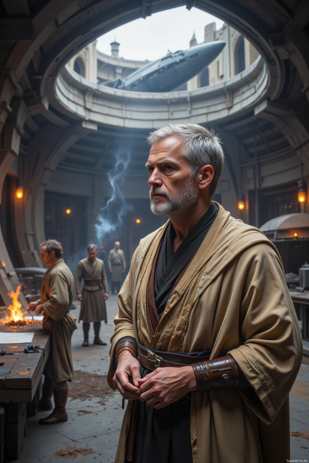 Realistic high quality photo. A 57‑year‑old man with short graying hair and piercing blue eyes in simple earthy‑tone Jedi robes with subtle embroidery stands in a quiet forge inside a docking bay, watching a ship glide past with steady hum while apprentices sketch in the background, his calm, wise demeanor reflecting strategic patience.