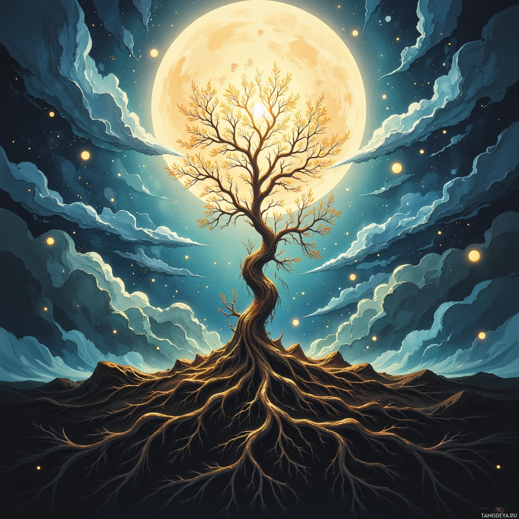 Semi-abstract image with many empty light space at center of beautiful background, that is suitable for the post:  Our bonds are iron roots, anchoring me to the earth while I uproot threats with calculated fury.