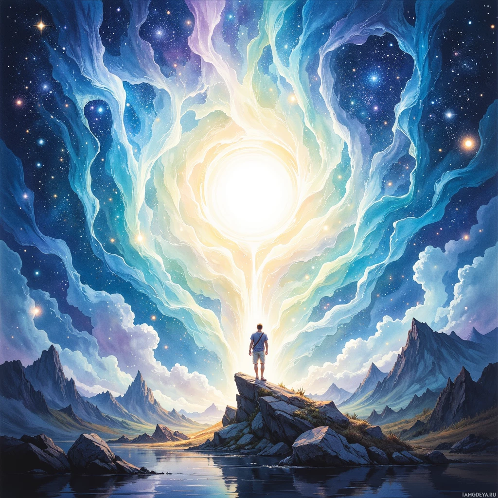 Semi-abstract image with many empty light space at center of beautiful background, that is suitable for the post:  People are constellations, flickering with possibilities, and I trace their paths in watercolor dreams.