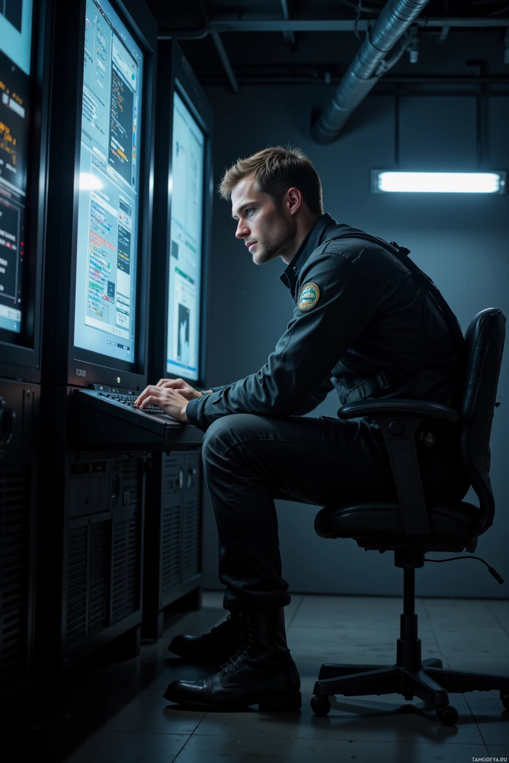 Realistic high quality photo. 28-year-old man with light brown hair, blue eyes, dark utility jacket, reinforced pants, worn boots, hunched over a dimly lit terminal in a quiet underground server room, decoding 1980s mainframe code with flickering display and dust motes.