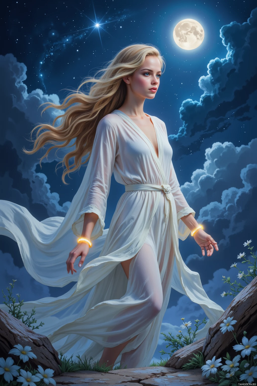 Realistic high quality photo. Serene 24‑year‑old woman with long curly blonde hair, soft blue eyes, pale luminous skin, in translucent shimmering robes and glowing moon‑bracelets, floating above a silvered grove at night, wind swirling her hair, wandering companions chasing a single bright star, a smiling moon overhead, constellations glimmering across the sky.