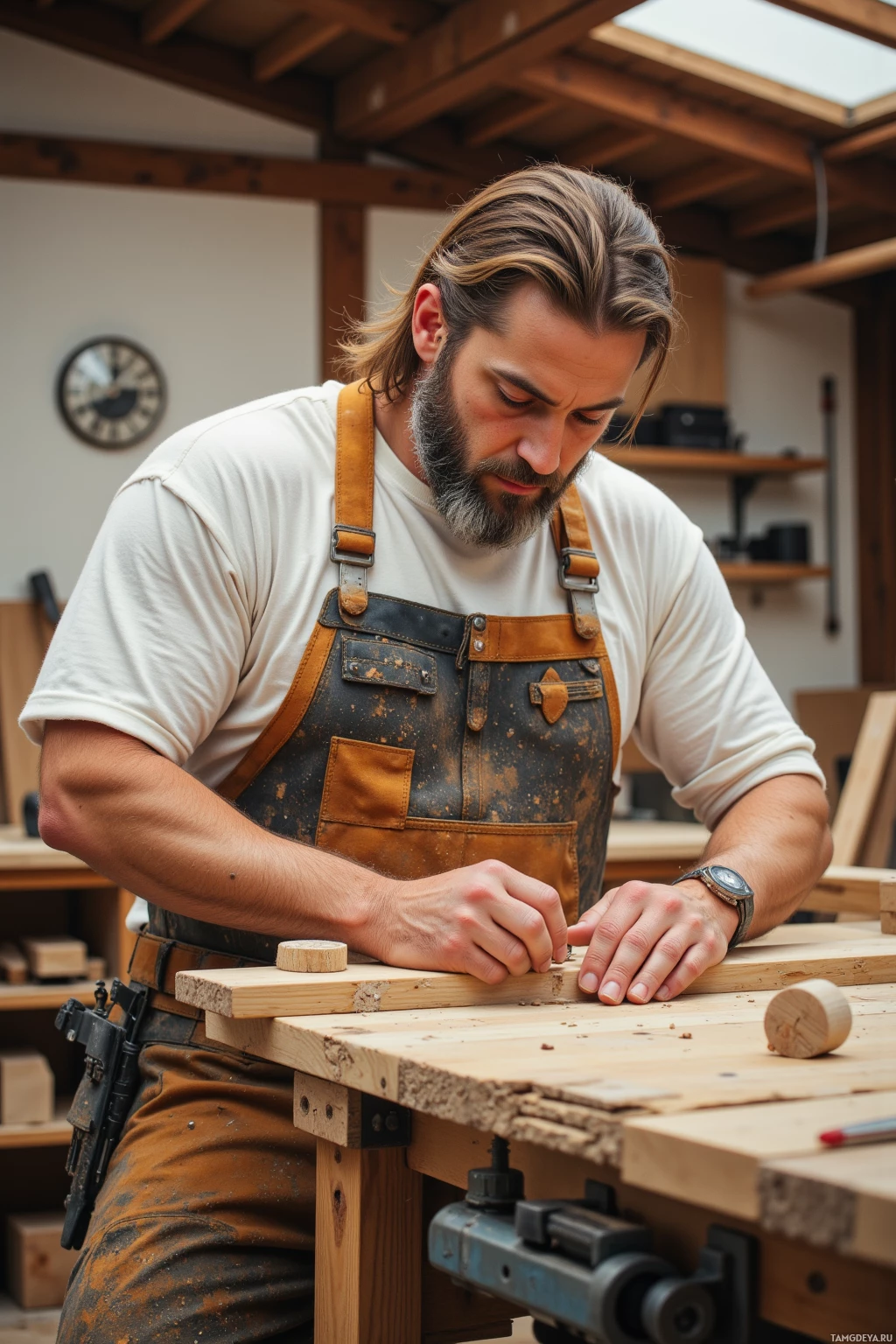 Realistic high quality photo. A 45‑year‑old broad‑shouldered carpenter with shoulder‑length brown hair, dark‑blonde beard, blue eyes, wearing a white shirt under a worn earth‑toned apron and durable pants with a tool belt, sits at a wooden workbench in a sunlit workshop with skylight, carefully sanding and measuring oak dining chair joints to millimeter precision amid sawdust and tools.