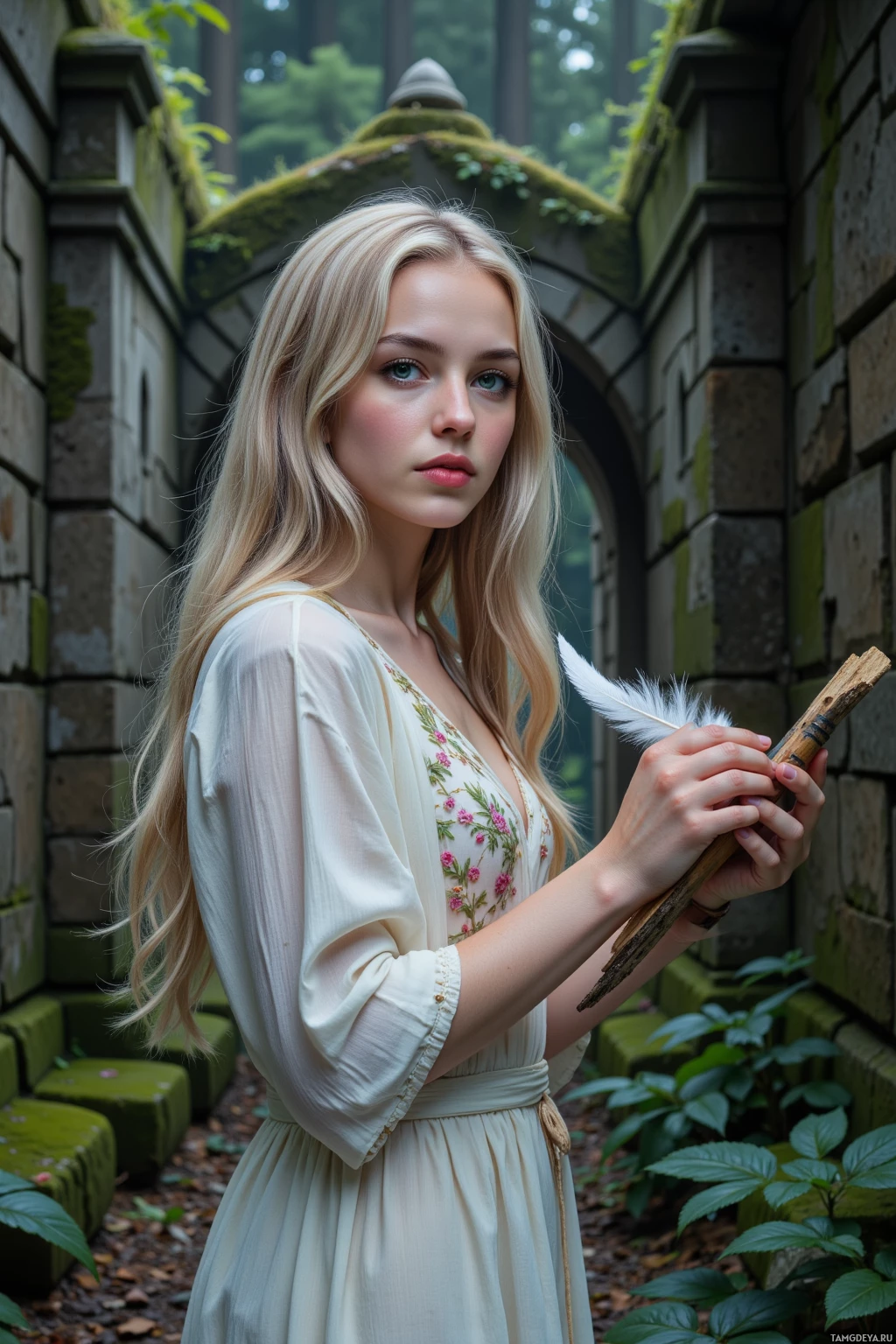 Realistic high quality photo. A 26‑year‑old woman with long silvery blonde hair and pale blue eyes, wearing a flowing white dress with floral embroidery, stands in a moss‑lined ravine beneath ancient stone walls, cradling a silver feather of mist in her hand while writing a verse on a bark panel, wind stirring the surrounding forest foliage at dusk.