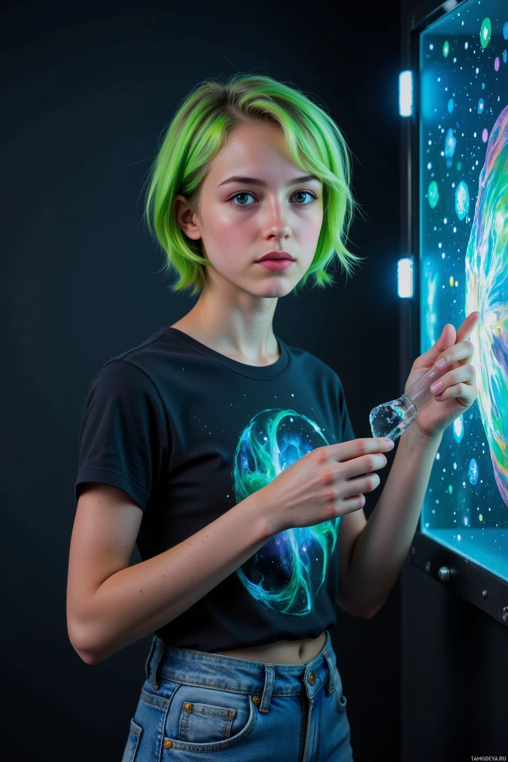 Realistic high quality photo. A young woman with bright green messy bobbed hair, blue‑green eyes, fair skin, wearing a black graphic t‑shirt, high‑waisted denim jeans and white Converse sneakers, stands in a dim holographic studio, slipping a shard of nebula glass into a holo‑sculpt, its iridescent glow bleeding across the walls while floating pixels swirl like fireflies in a black‑hole‑like void, her hands trembling with excitement.