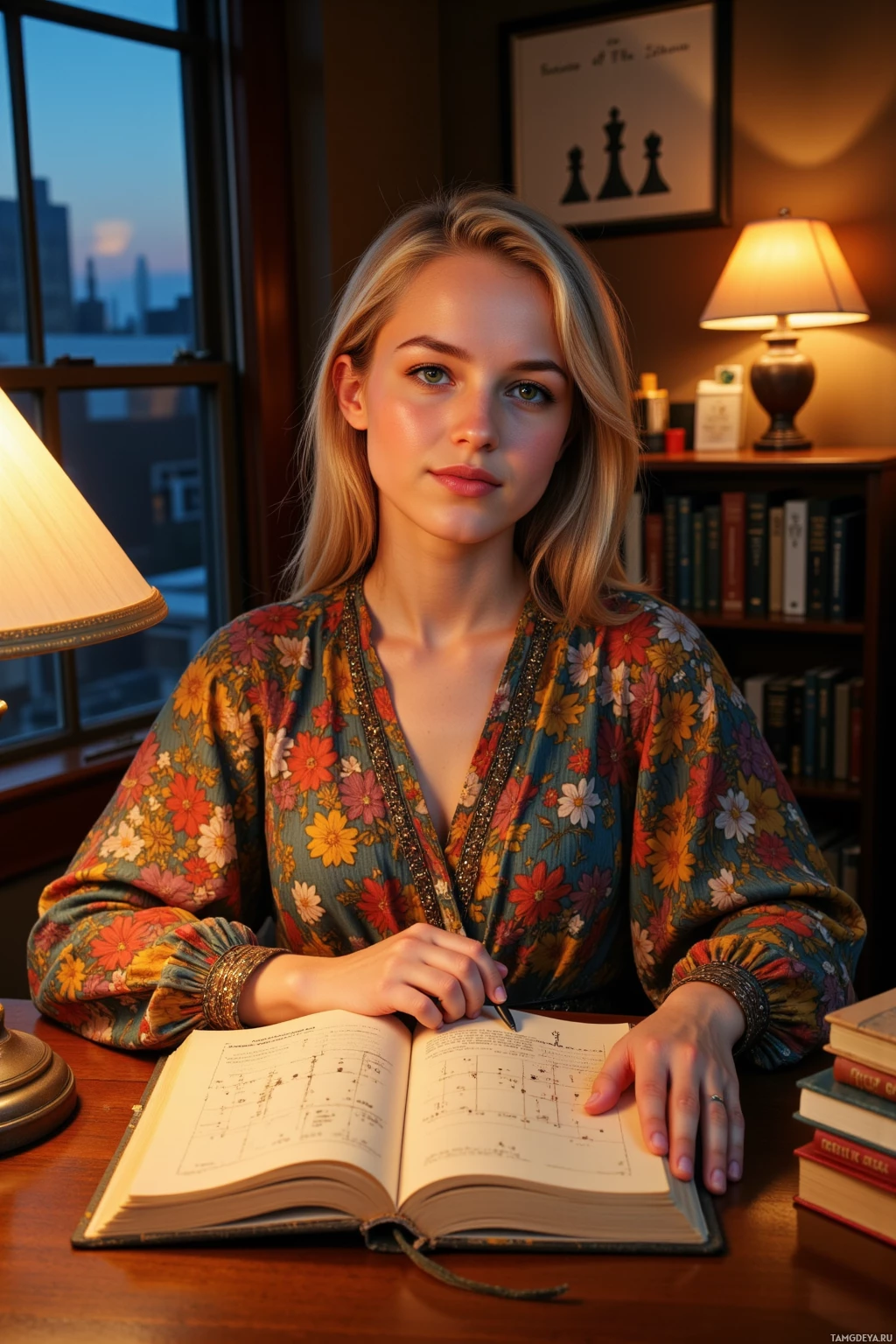 Realistic high quality photo. Woman, 33, with asymmetrical blonde hair, green eyes, pale skin, wearing an eclectic, colorful bohemian dress, sits at a wooden desk in a quiet loft at twilight, illuminated by amber lamp light, holding an old notebook with a diagram of chess moves scrawled in ink, smiling subtly, surrounded by stacks of books and a faint illustration of chess pieces on the wall.