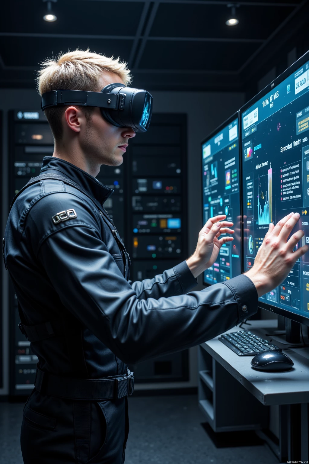 Realistic high quality photo. Male engineer, 35, short blonde hair, piercing blue eyes, pale complexion, sharp jawline, wearing a sleek black jumpsuit with metallic panels and a utility belt, goggles perched on his forehead, standing in a dimly lit high‑tech VR lab with holographic monitors showing a 10k fps render graph, adjusting a spatial audio map on a translucent console while cooling fans hum, late‑night atmosphere.