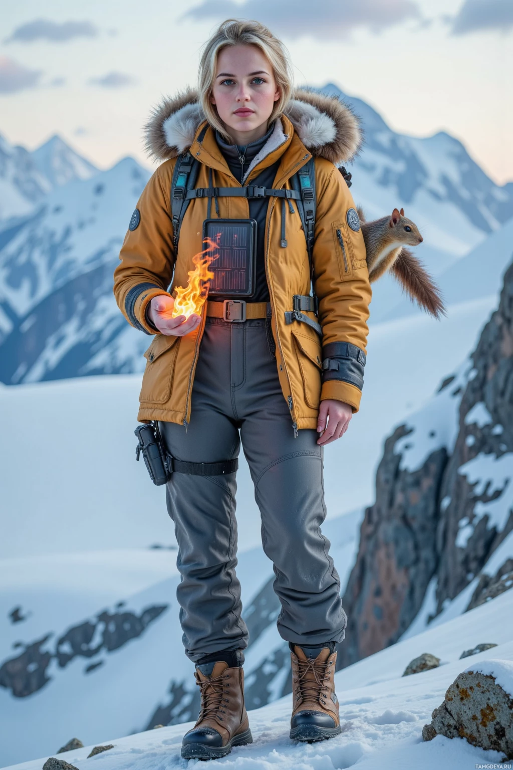Realistic high quality photo. A 30‑year‑old female explorer with icy blue eyes, blonde ponytail, wind‑kissed pale skin, wearing a fur‑trimmed thick parka, insulated pants, rugged hiking boots, standing on a snow‑capped ridge with her pack glowing from solar panels, a pocket‑size ember crackling in her hand, and a bored squirrel perched on her shoulder, wind swirling around her in the harsh frozen wilderness at dawn.