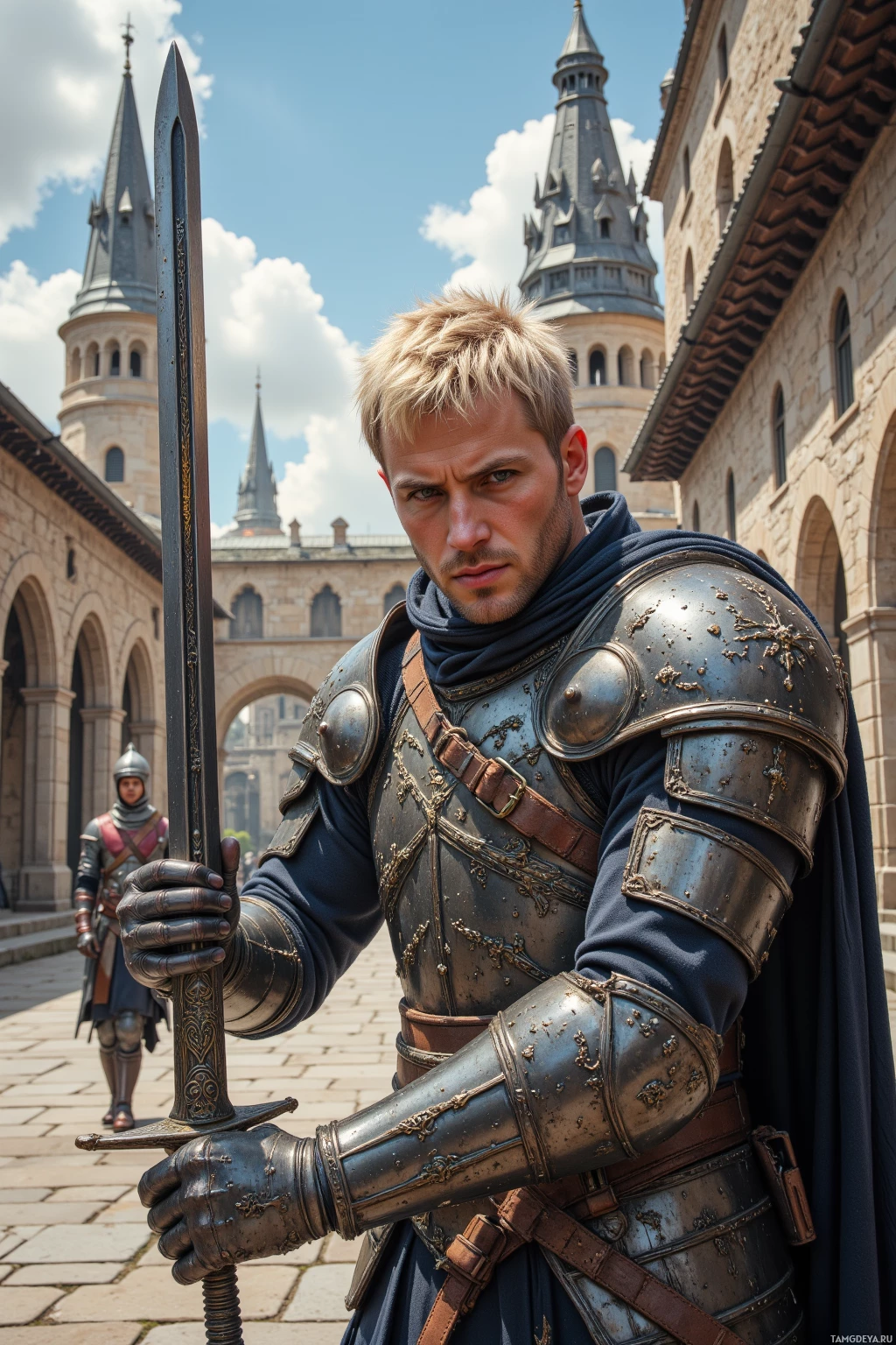 Realistic high quality photo. Male warrior, 40, broad‑shouldered, short blonde hair, piercing blue eyes, pale skin, strong jawline, wearing ornate heavy armor with intricate engravings and a polished steel helmet under one arm, sharpening a sword in a stone courtyard under a clear midday sky while a younger squire slips nearby, his steady hand and disciplined expression reflecting unwavering duty.