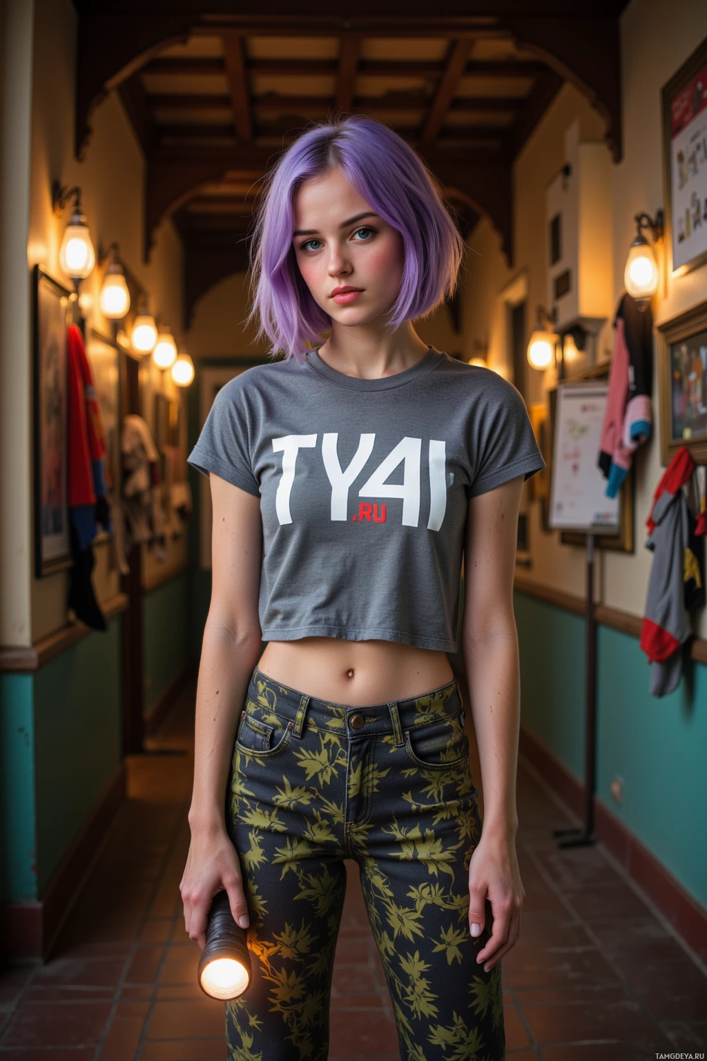 Realistic high quality photo. Woman, 24, vibrant purple messy bob hair, bright blue eyes, wearing a graphic t‑shirt, high‑waisted patterned pants, and white sneakers, holding a sketchpad and flashlight, standing in an old hallway where warm glowing lights reflect off hanging socks, creating a playful light show, late afternoon, modern realism.
