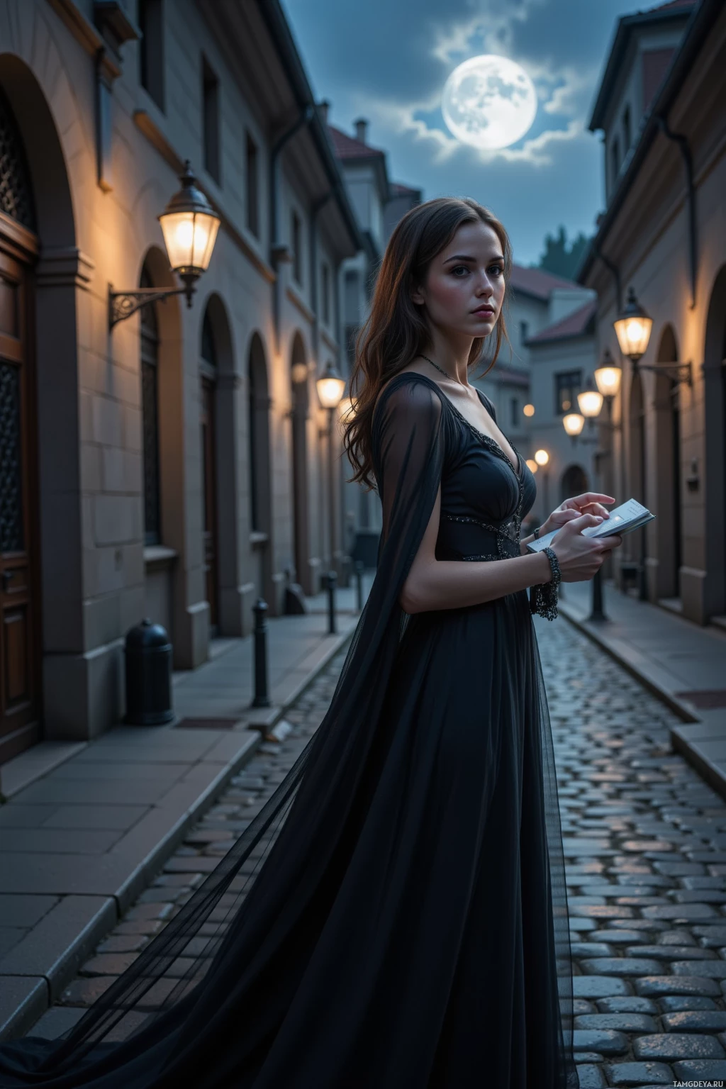 Realistic high quality photo. A 27‑year‑old woman with dark flowing hair, deep brown eyes, porcelain skin, wearing a long black dress that glows under the moon, silver chain around her neck, holding a softly glowing candle and a notebook, wanders on moonlit cobblestone streets of a quiet city at night, with silver streetlamps casting gentle light and shadows dancing around her, exuding a quiet, introspective and ethereal mood.