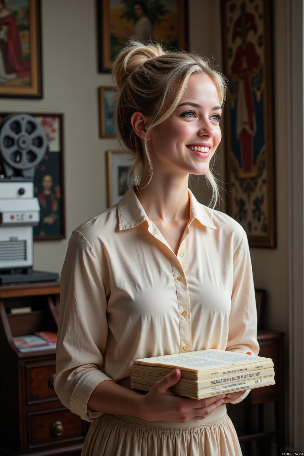 Realistic high quality photo. Female 31 with straight blonde hair in a bun, almond-shaped green eyes, light skin, sharp cheekbones, wearing a silk blouse and long flowing skirt, standing in a quiet modern studio with an old projector crackling, surrounded by ancient tapestries, holding a stack of translated scripts in four languages, laughing as sunlight filters through a window.
