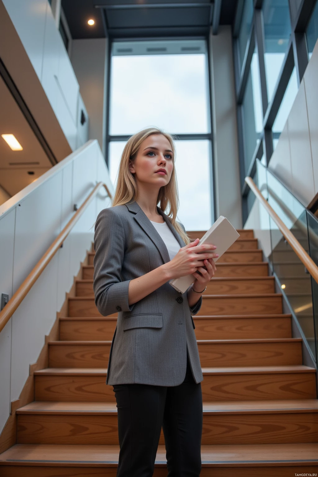 Realistic high quality photo. A 32‑year‑old blonde woman with blue eyes, wearing a gray fitted blazer, tapered black trousers, and beige ankle boots, standing at the bottom of a long wooden staircase in a modern office building, dusk light streaming through large glass windows, holding a minimalist notebook in one hand and gazing upward at the steps.