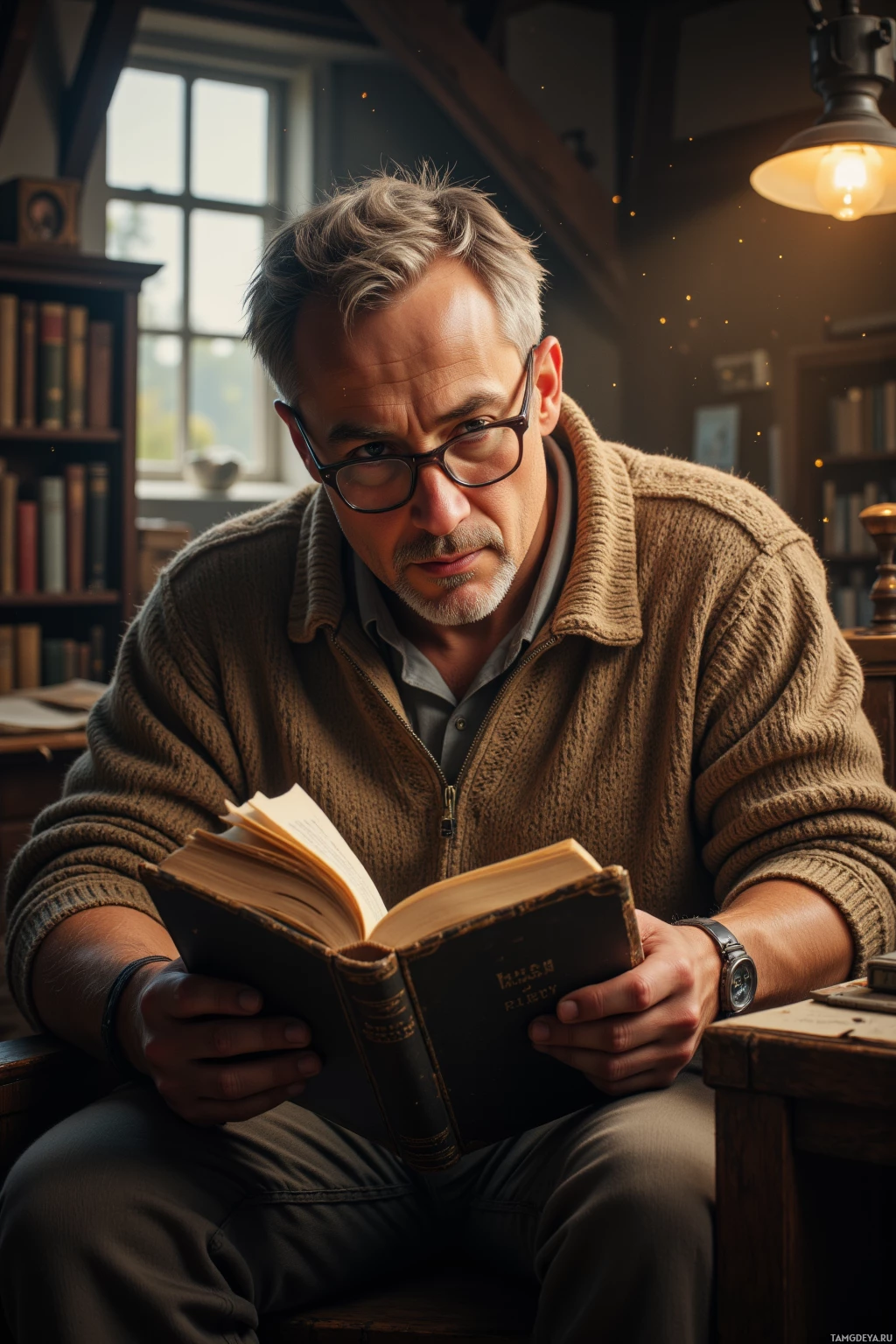 Мужчина в очках и свитере читает книгу в уютной комнате.