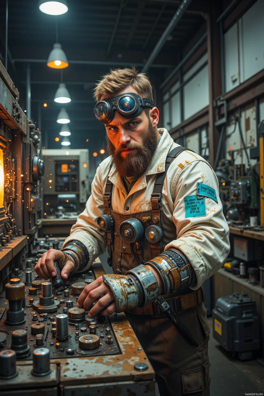 Realistic high quality photo. Male fixer with short light brown hair, pale skin, piercing green eyes and thick beard, wearing a stained white jumpsuit patched with tape and pins, welding goggles on forehead, mechanical arm at shoulder, tightening bolts among burnt‑out capacitors in a dimly lit hangar lined with exposed metal walls, sparks flying from clanging tools and gears whirring in the background.