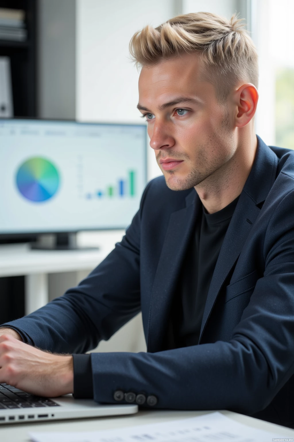 Realistic high quality photo. Tall, serious 33‑year‑old man with pale skin, short blonde hair, sharp jawline, blue eyes, wearing a dark minimalist suit, seated at a modern office desk in morning light, focused on a laptop screen displaying neatly aligned spreadsheet columns.