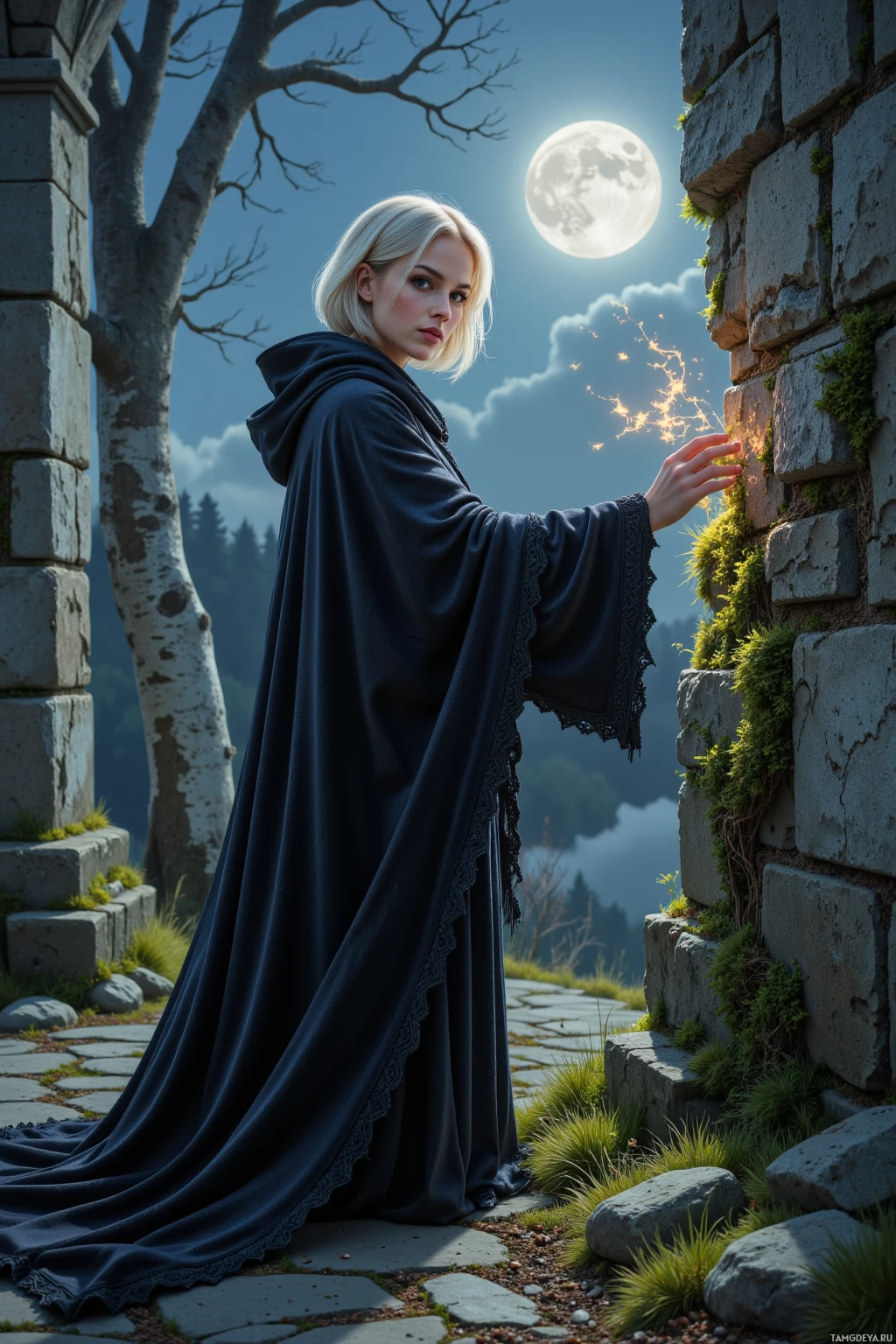 Realistic high quality photo. A silver‑blonde woman with short asymmetrical hair, piercing indigo eyes, in a flowing black velvet cloak, tracing a flickering rune on moss‑covered ruins beneath a low moon, wind stirring ancient birch branches around her in a solitary gothic twilight.