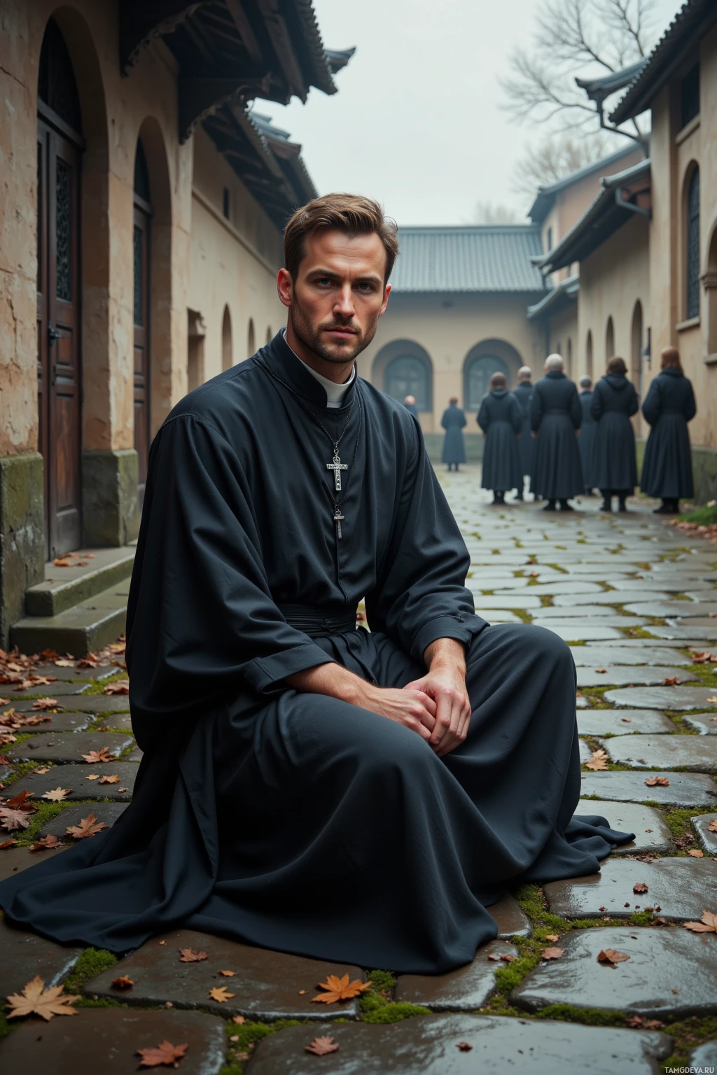 Realistic high quality photo. Male, 45, short light brown hair, piercing blue eyes, fair skin, strong features, slight brow crease, wearing a simple dark clerical robe falling just above ankles with a silver cross pendant, sits on a weathered stone path in a quiet courtyard under a steady sky, surrounded by damp moss and rustling leaves, a small gathering of followers listens, his calm, wise expression radiating gentle guidance.