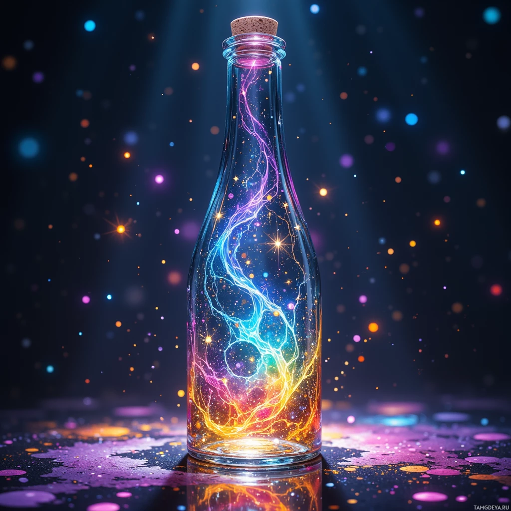 Semi-abstract image with many light, that is suitable for the post:  slender translucent glass bottle with etched constellations, holding iridescent liquid that shifts through rainbow hues when tilted.