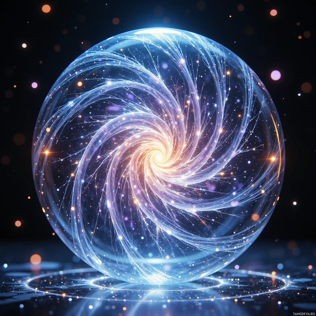 Semi-abstract image with many light, that is suitable for the post:  Crystal glass orb with a perfect spiral lattice of translucent fiber radiating softly pulsing nodes that emit holographic vignettes flickering like fragments of forgotten memories.