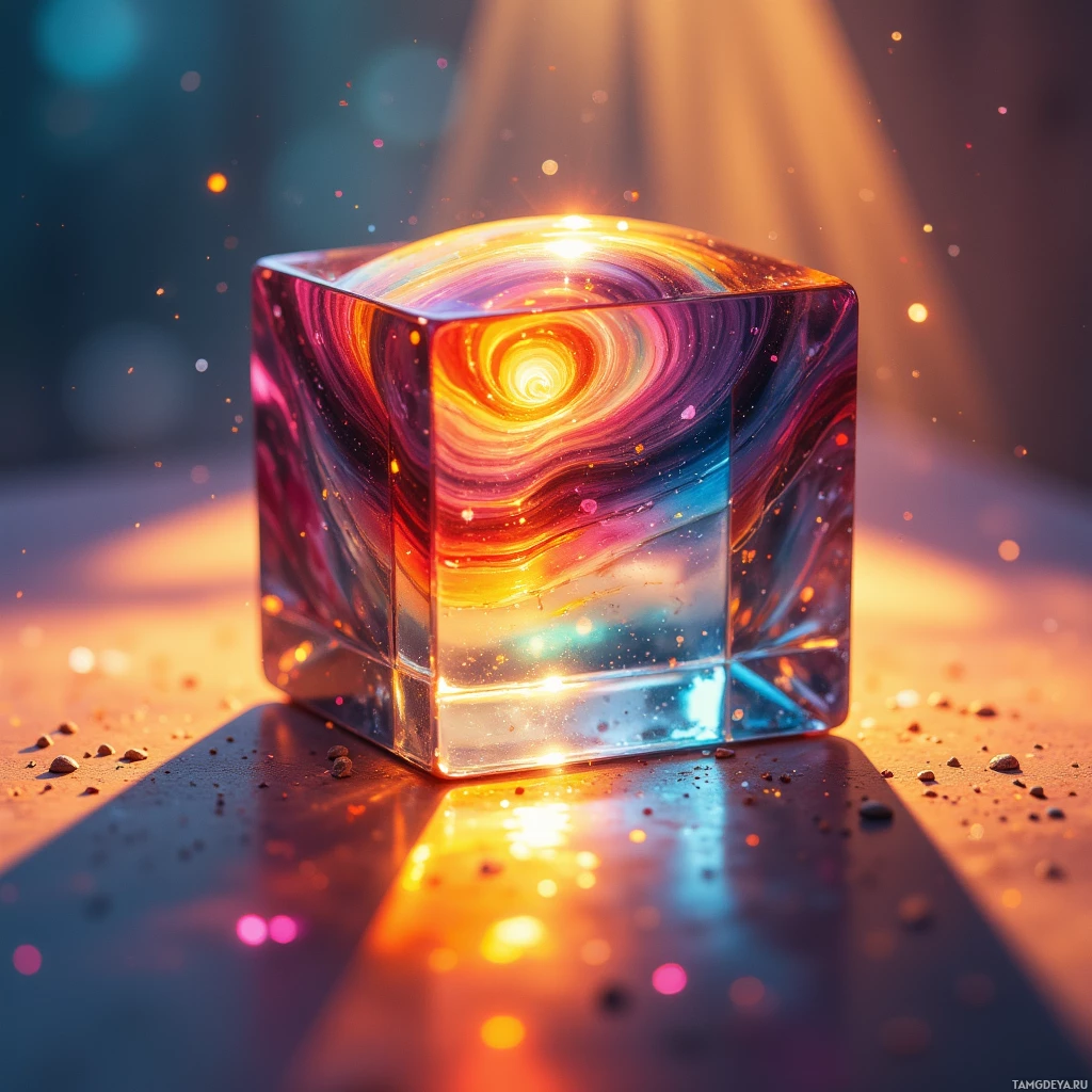 Semi-abstract image with many light, that is suitable for the post:  A small, translucent glass prism with polished facets reflecting a spectrum of swirling colors, a smooth warm surface, and delicate crystal geometry.