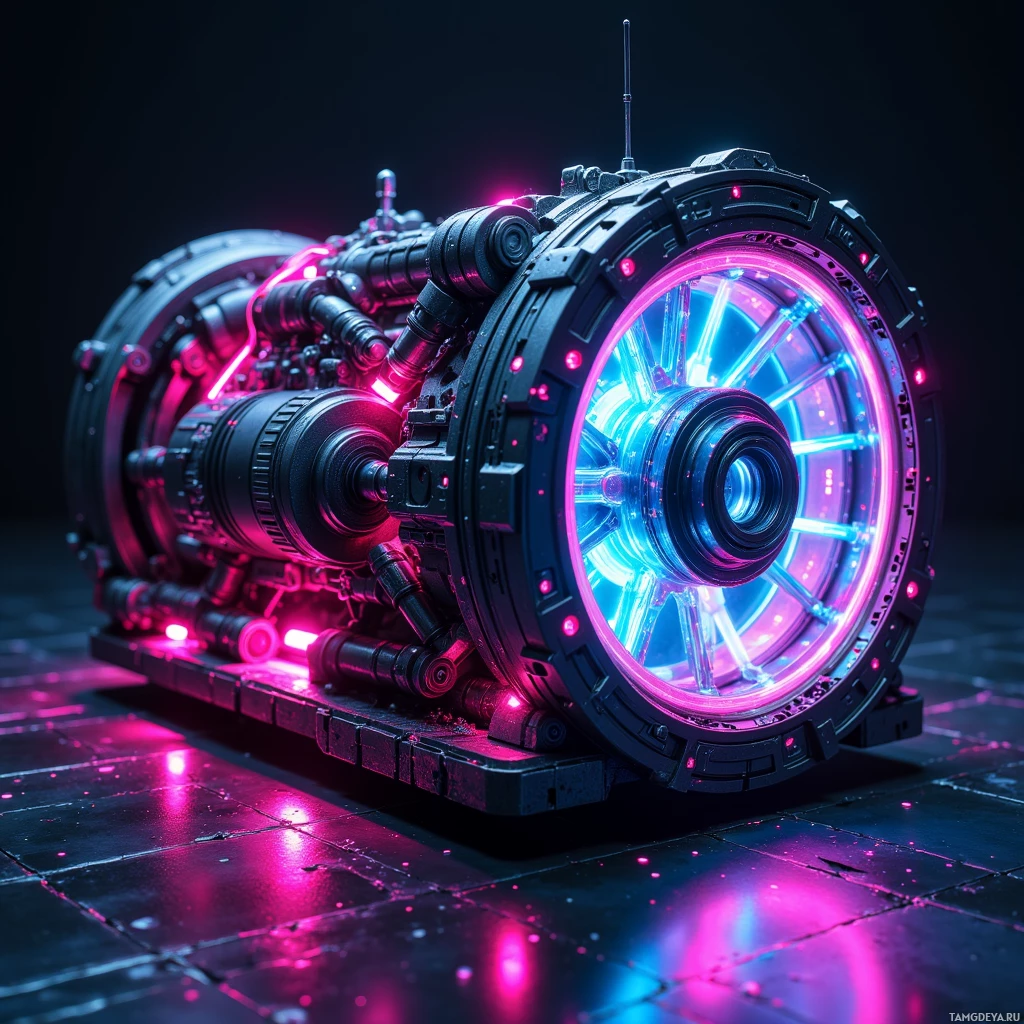 Semi-abstract image with many light, that is suitable for the post:  A futuristic clutchless gearbox featuring an ultra‑light carbon lattice chassis, embedded telemetry nodes along its edges, and glowing neon wiring that illuminates the internal structure.