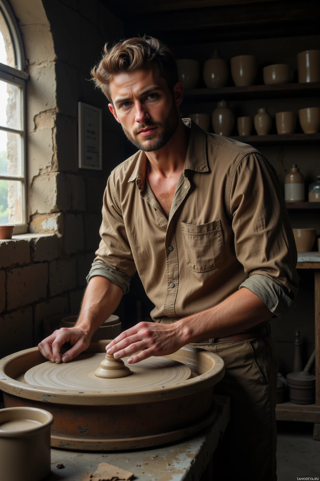 Realistic high quality photo. A contemplative 31‑year‑old man with short light brown hair, salt‑and‑pepper beard, calm blue eyes, wearing a loose earth‑toned linen shirt, stands in a dim stone‑work studio at an antique clay wheel, pressing hands into dense clay as morning light filters through dusty windows.