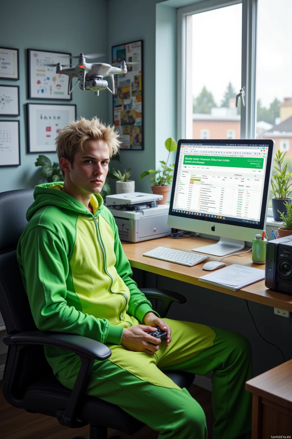 Realistic high quality photo. A pale‑skinned male in his late twenties with short messy blonde hair and clear blue eyes wearing a bright green crocodile onesie sits calmly at an office desk corner, holding a gaming controller, watching a malfunctioning printer while a smartphone text about craving a sandwich lights up beside him; outside the window a drone drops a snack parcel into the wrong house and a spreadsheet predicting comedic outcomes is open on his monitor under midday light.
