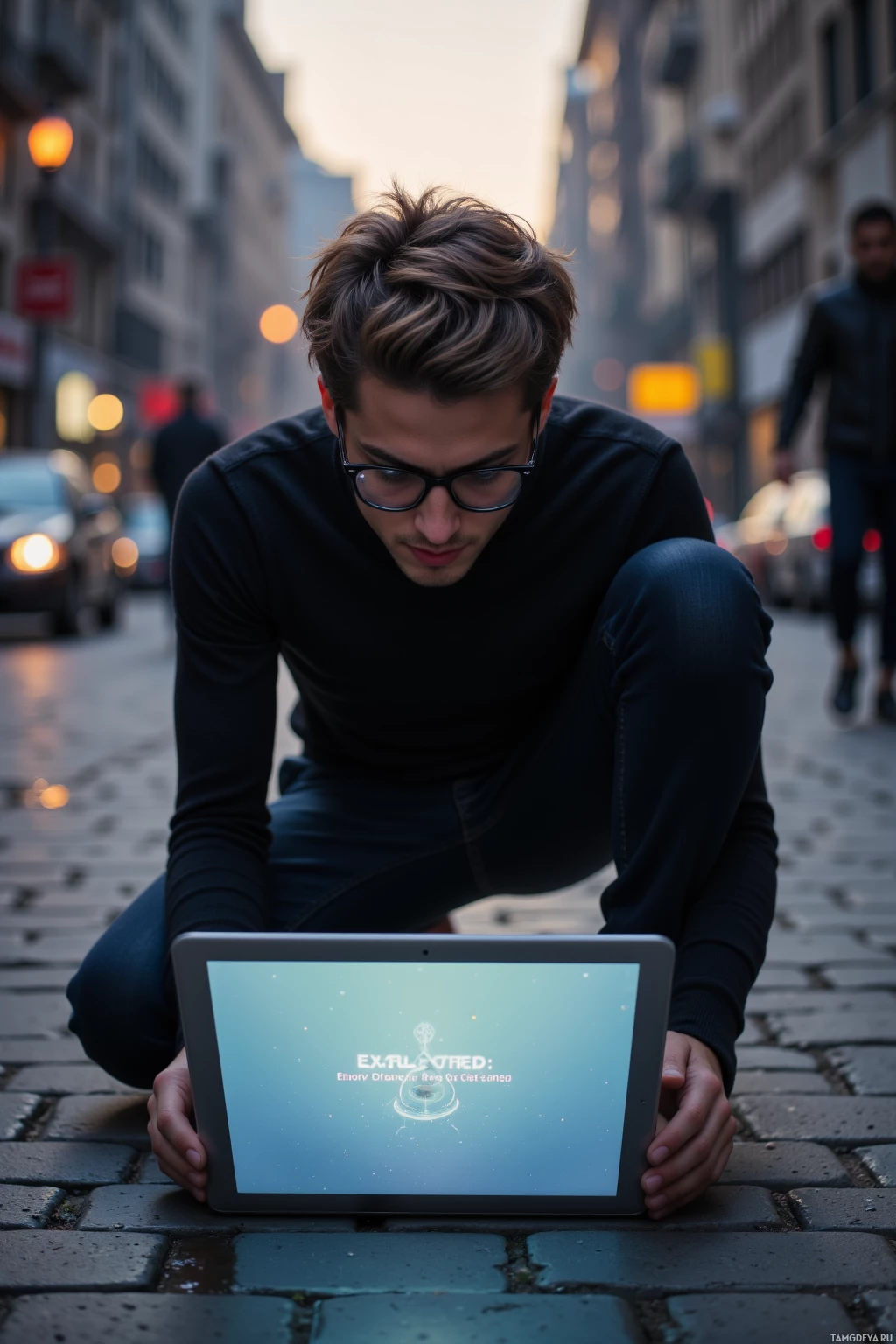 Realistic high quality photo. A 27-year-old man with light brown neatly styled hair, glasses, wearing a minimalist black turtleneck and dark jeans, hunched over a laptop screen showing glitchy pixelated errors on a muted gradient background, then stepping onto a quiet street at dusk to watch the city lights ripple in a puddle.