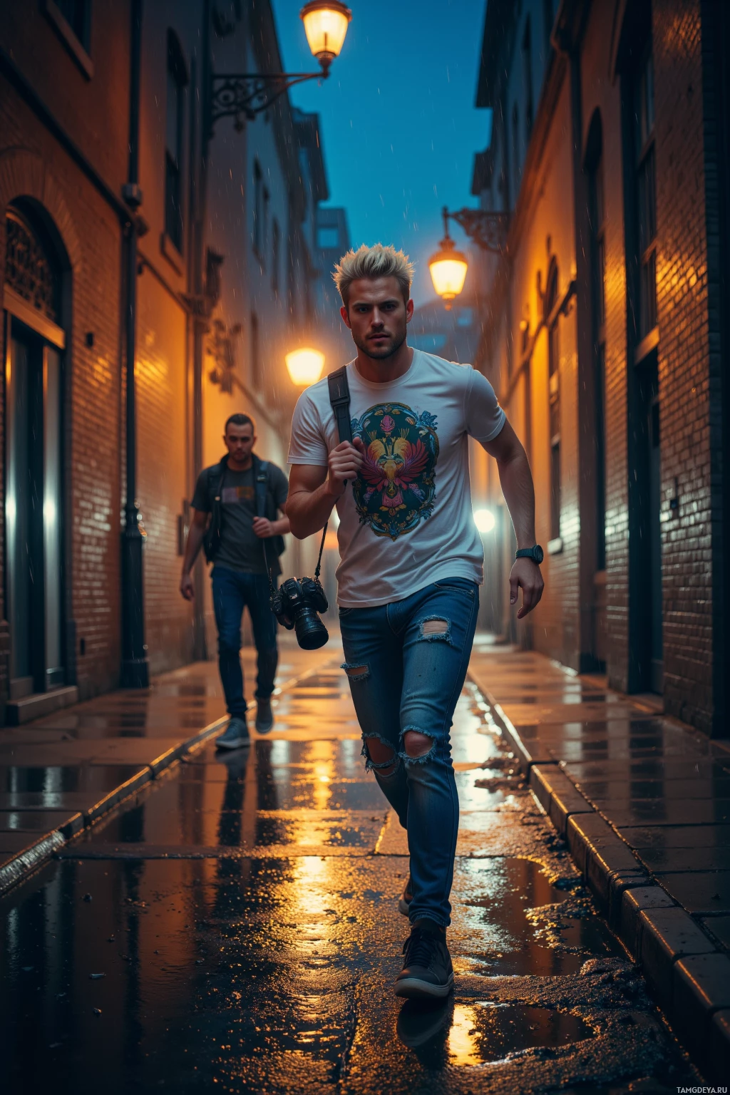 Realistic high quality photo. Man with spiky bleach‑blonde hair and piercing blue eyes, pale skin, wearing a graphic tee, distressed jeans, black sneakers, camera in hand, sprinting down rain‑slick city alley at night beneath flickering bridge lights while filming a lone saxophonist on the curb.