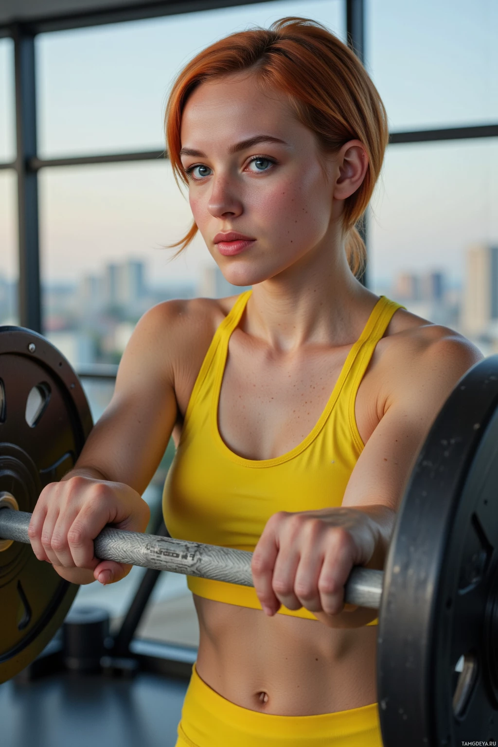 Realistic high quality photo. Athletic 33‑year‑old woman with short fiery red hair, pale skin, piercing blue eyes, wearing bright yellow sportswear, lifts a barbell in a modern gym at 6 a.m., with a window revealing the quiet city in dawn light, posture strong and determined.