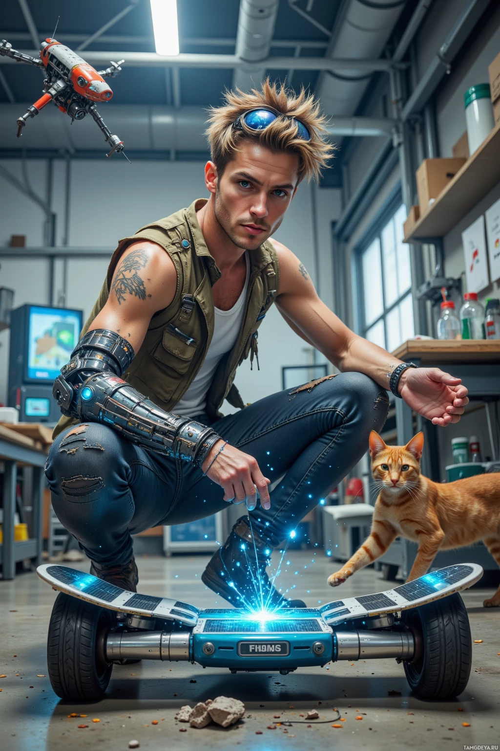 Realistic high quality photo. 32‑year‑old male inventor with short messy dark blonde quiff hair, bright blue eyes, freckles, mechanical arm glowing blue circuits, goggles on forehead, wearing a utility vest over a white tank top, rugged jeans, scuffed boots, negotiating with a self‑assembling solar‑powered hoverboard amid sparks and rubber bands in a futuristic laboratory, while a floating drone hovers near the ceiling fan and his cat steps on exposed wires for quality testing, all under bright lab lighting.