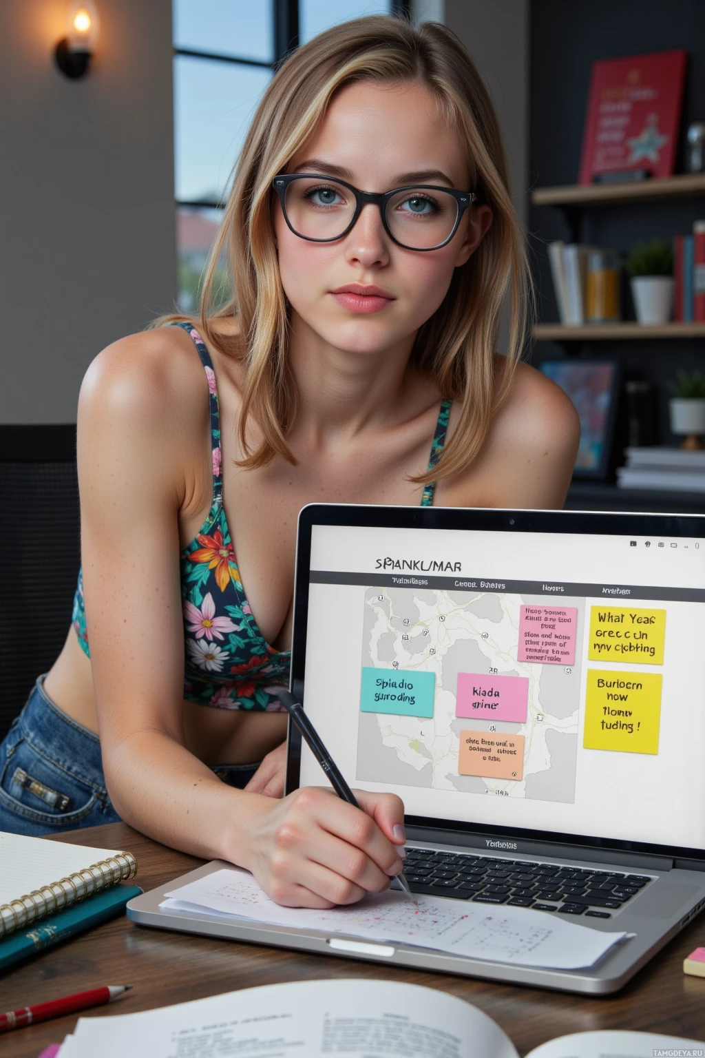Realistic high quality photo. A 24‑year‑old woman with shoulder-length blonde waves, bright blue eyes, fair skin, wearing a colorful top and jeans with black‑framed glasses perched on her nose, sits at a modern home office desk in the evening sketching a detailed curriculum map on paper while a laptop shows a schedule calendar, surrounded by organized notebooks and motivational sticky notes.