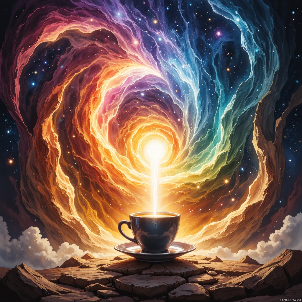 Semi-abstract image with many empty light space at center of beautiful background, that is suitable for the post:  My coffee is a quantum stew where thoughts boil into wormhole whispers.
