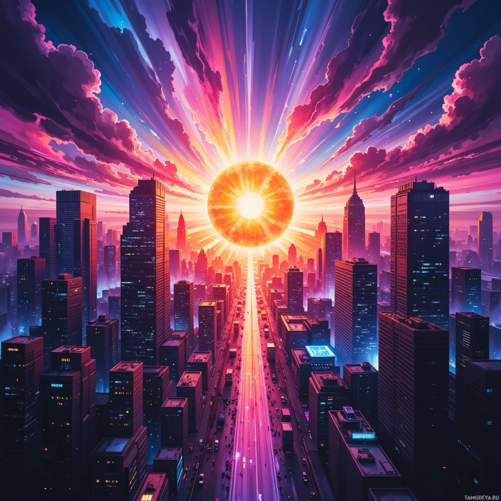 Semi-abstract image with many empty light space at center of beautiful background, that is suitable for the post:  Sunrise splashes neon on the city’s skyline, and I bet on tomorrow’s sunrise.