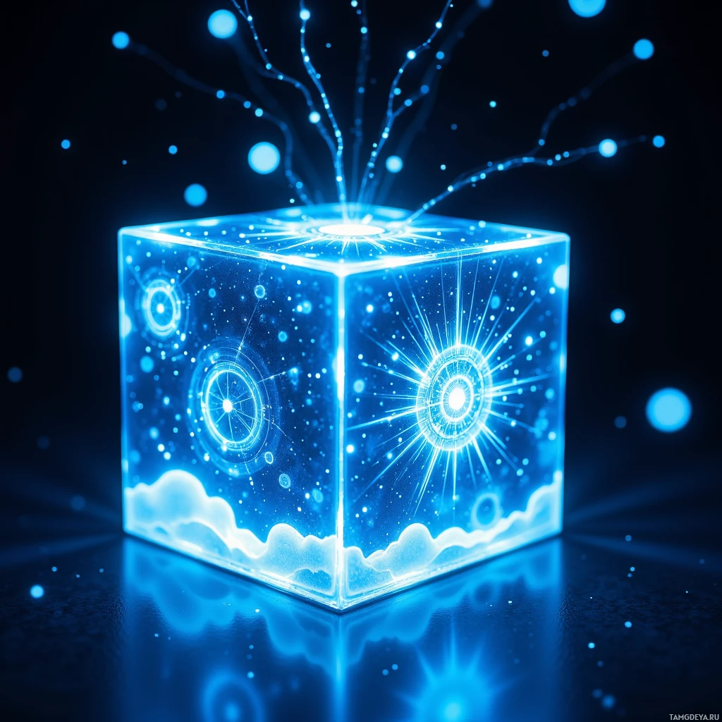 Semi-abstract image with many light, that is suitable for the post:  A translucent graphene cube with a faint neon blue glow, slowly rotating, featuring embedded 3‑D spectral mapper arrays, a self‑healing holographic projector emitting subtle holograms, and a small integrated whistle with delicate soundwave patterns.
