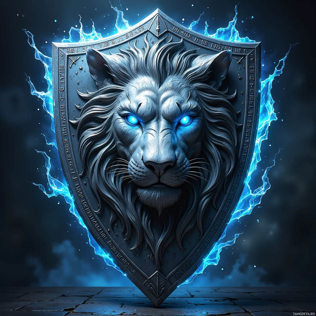 Semi-abstract image with many light, that is suitable for the post:  Polished steel shield with a mirror‑shining face, an intricately carved ancient lion crest that faintly glows, edged with rune inscriptions pulsing in soft luminous blue, radiating protective warding.