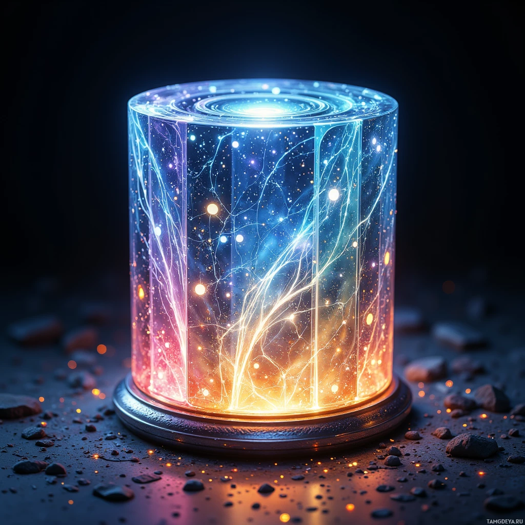 Semi-abstract image with many light, that is suitable for the post:  Translucent iridescent cylinder pulsing with shifting rune etchings, warm glowing surface, subtle metallic silver edges, embedded micro-sensors glowing faintly, holographic data stream patterns woven into the glass.