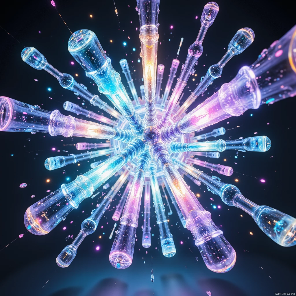 Semi-abstract image with many light, that is suitable for the post:  A floating lattice of translucent glass rods, gently bending and shifting into asymmetrical patterns like broken mirrors, iridescent surfaces transitioning from serene glow to electric riot, each rod with subtle imperfections, suspended in midair.