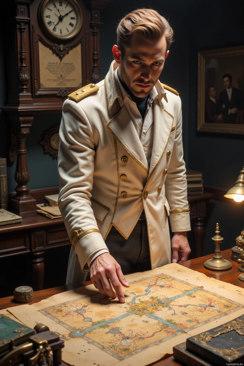 Realistic high quality photo. Man, 36, dark blonde neatly combed hair, piercing blue eyes, pale skin, wearing a long ivory military‑style coat with gold trim over tailored trousers, stands at a cluttered study table covered with antique parchment maps, pointing to a highlighted corridor as a large antique brass clock ticks overhead, the dimly lit room illuminated by a desk lamp, his posture straight and composed while planning the next move.
