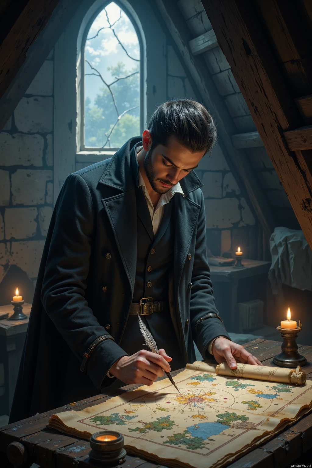 Realistic high quality photo. A tall slender male 28 years old with slick black hair and green eyes, wearing a long tailored coat, stands in a dim attic loft filled with dusty parchment and a cracked window letting moonlight spill over an antique map as he traces its intricate edges with a quill, ink swirling softly.