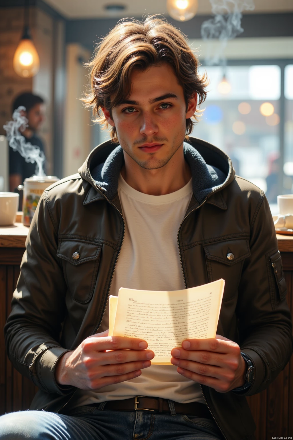 Realistic high quality photo. A lean 29‑year‑old male barista with messy brown curls and blue eyes, wearing a casual jacket over a t‑shirt and jeans, sits in a sunlit coffee shop, flipping through a draft manuscript amid steaming mugs and a quiet bustle.