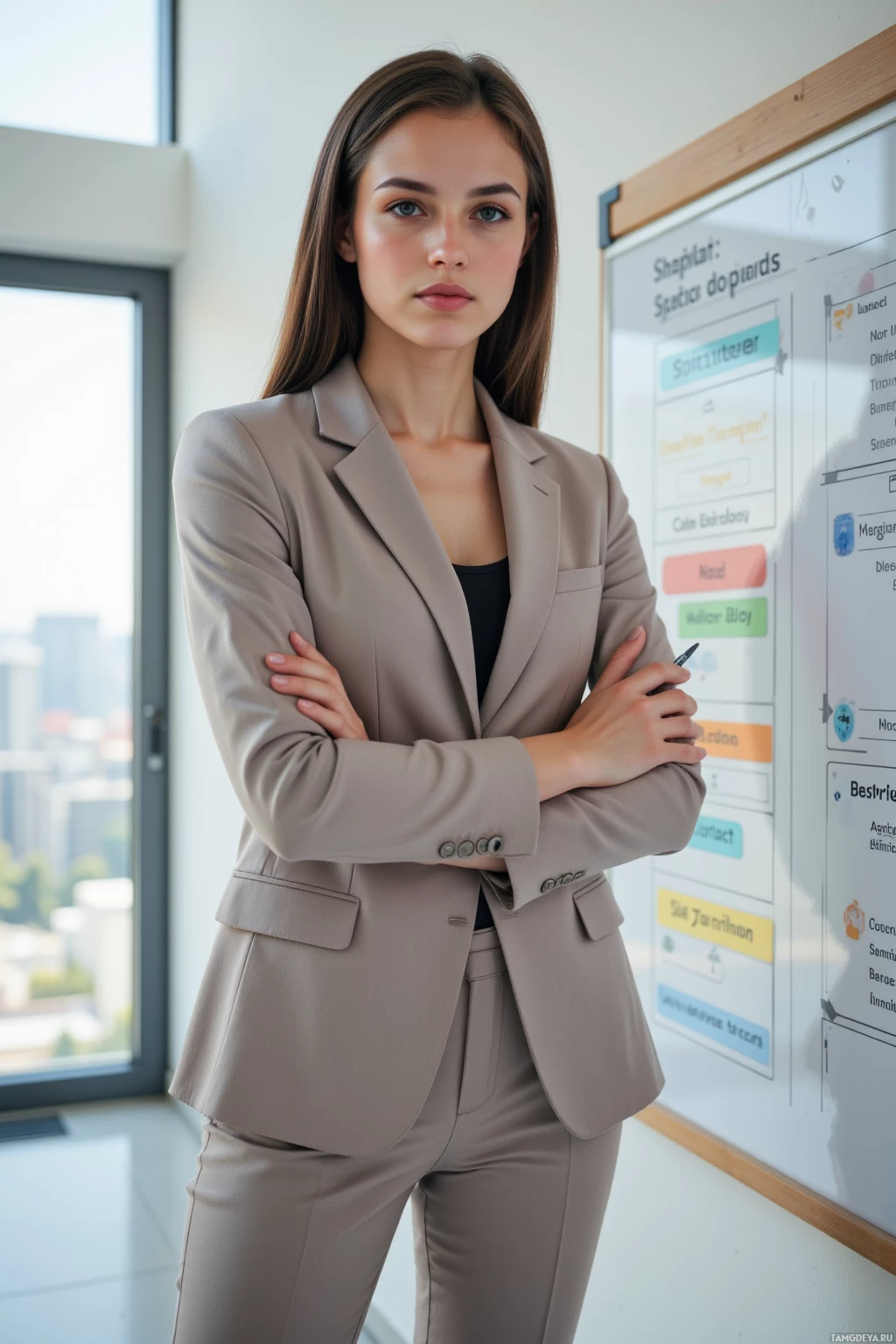 Realistic high quality photo. A slender 24‑year‑old woman with jet‑black sleek cut hair, bright blue eyes and fair skin wearing a neutral‑toned tailored blazer and trousers, standing in a modern open‑plan office beside a large wall‑mounted sprint board with color‑coded swimlanes and deadlines, holding a pen and smartwatch on her wrist, appearing focused and composed.