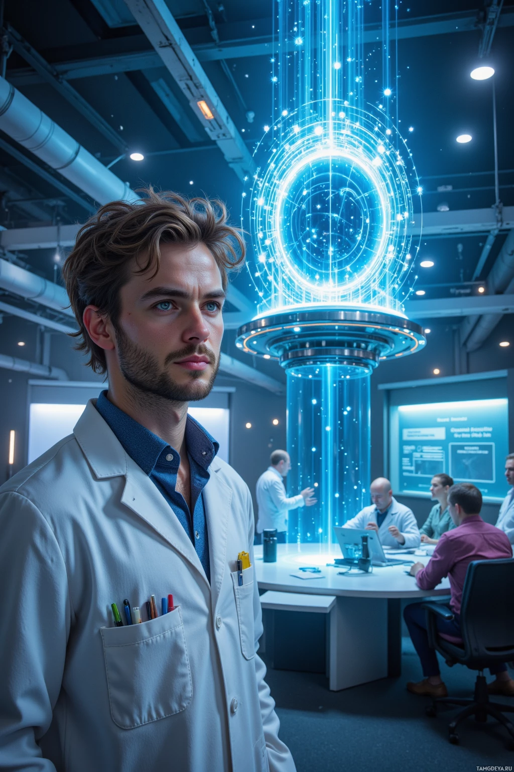 Realistic high quality photo. A 32‑year‑old male scientist with slightly messy light brown hair, piercing blue eyes, in a white lab coat with pens and tools in the pockets, standing at the edge of a high‑tech quantum lab, staring at a glowing qubit array while a conference room with people asking about deadlines is visible in the background, futuristic atmosphere.