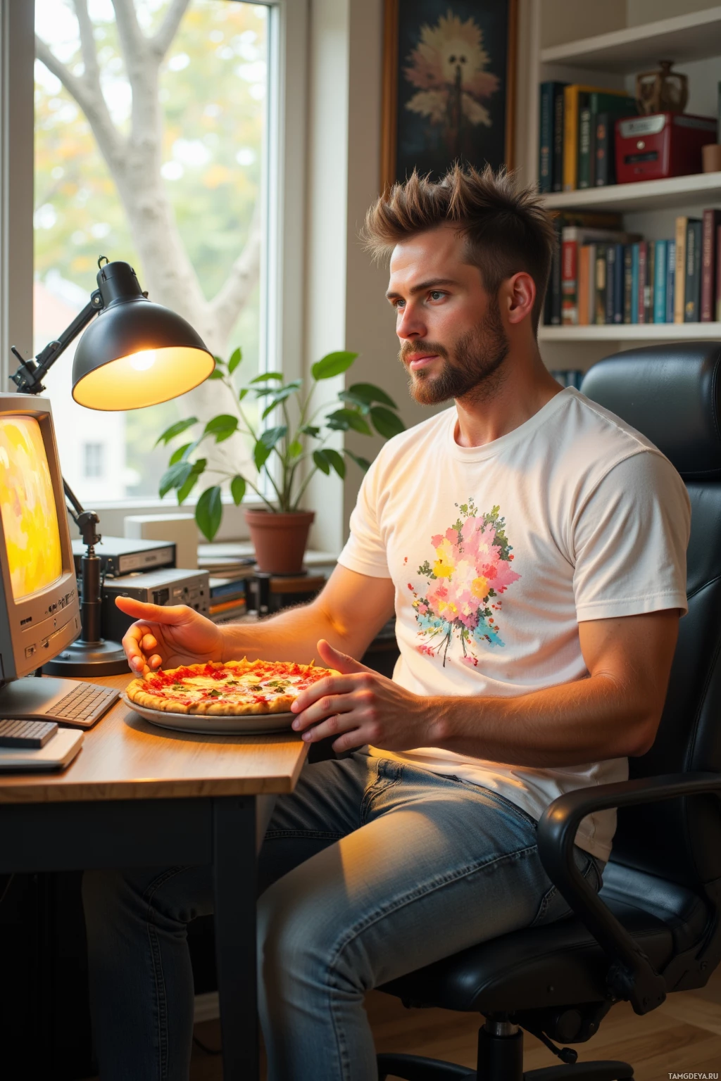 Realistic high quality photo. A 27‑year‑old man with spiked light brown hair and blue eyes wearing a white pixel‑art t‑shirt and light‑washed denim jeans sits at a cluttered desk in a bright morning room, placing a worn 3.5″ floppy disk on the surface while a vintage CRT monitor glows golden, holding a pizza box as he orders a slice with no buffering.