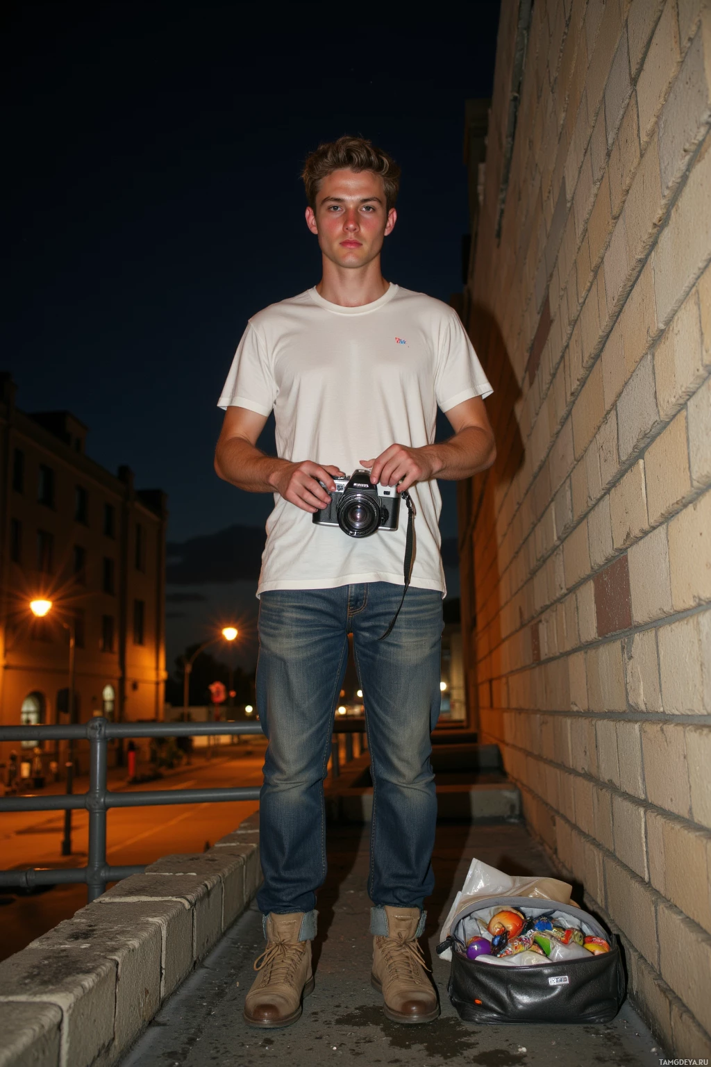 Realistic high quality photo. A young man, 27, with light brown hair and green eyes, wearing a white t‑shirt and faded jeans, stands on the cracked concrete scaffold of a beige block rooftop at 2 am, holding an old film camera while resting a disorganized bag with film spares and half‑eaten snack beside him as dim street lamps illuminate the nearby alley.