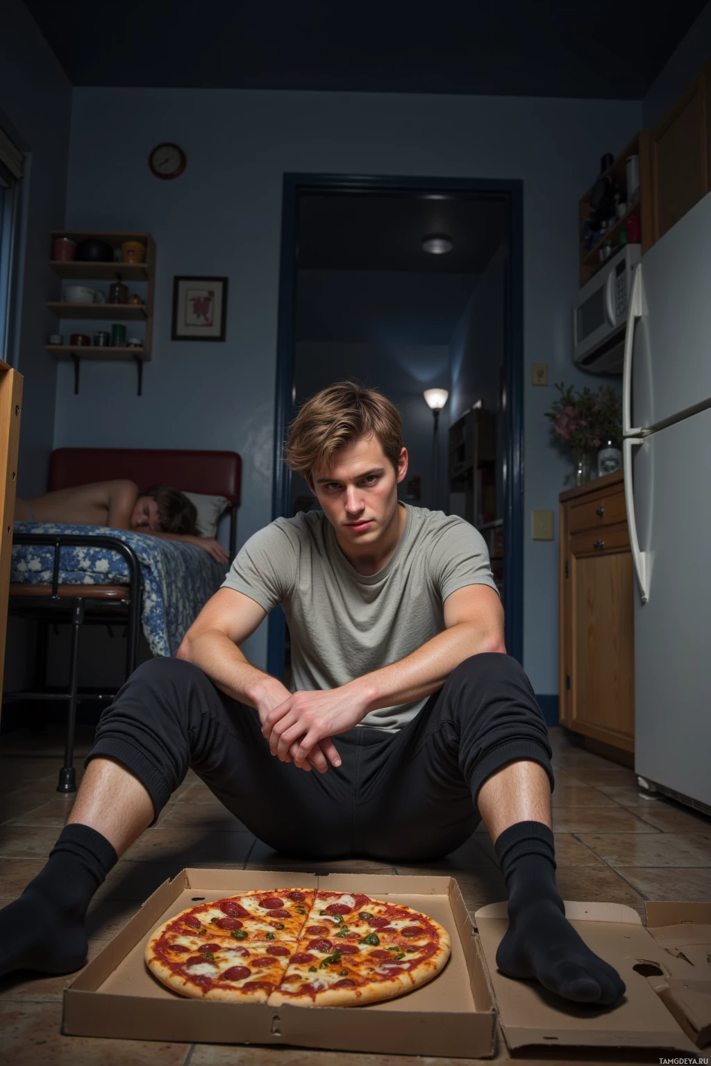 Realistic high quality photo. Man with messy light brown hair and blue eyes in a plain t‑shirt, loose sweatpants and black socks sits on the floor of a dim dorm kitchen at midnight, surrounded by an abandoned pizza box arranged as a chessboard while he secretly plots a snack ambush; a sleepy roommate lies asleep on a nearby bed and a fridge door is ajar.