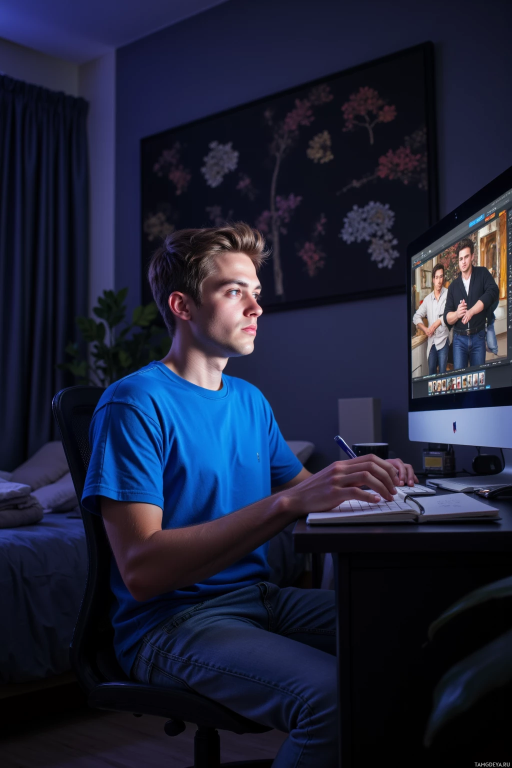 Realistic high quality photo. Man, 21, messy light brown hair, bright blue eyes, pale skin, wearing a bold blue t-shirt and casual jeans, sits at a modern desk in a dim bedroom at dawn, staring at a flickering computer screen while drafting a TikTok dance meme, surrounded by a laptop, a notebook, a coffee mug, and subtle digital glow.