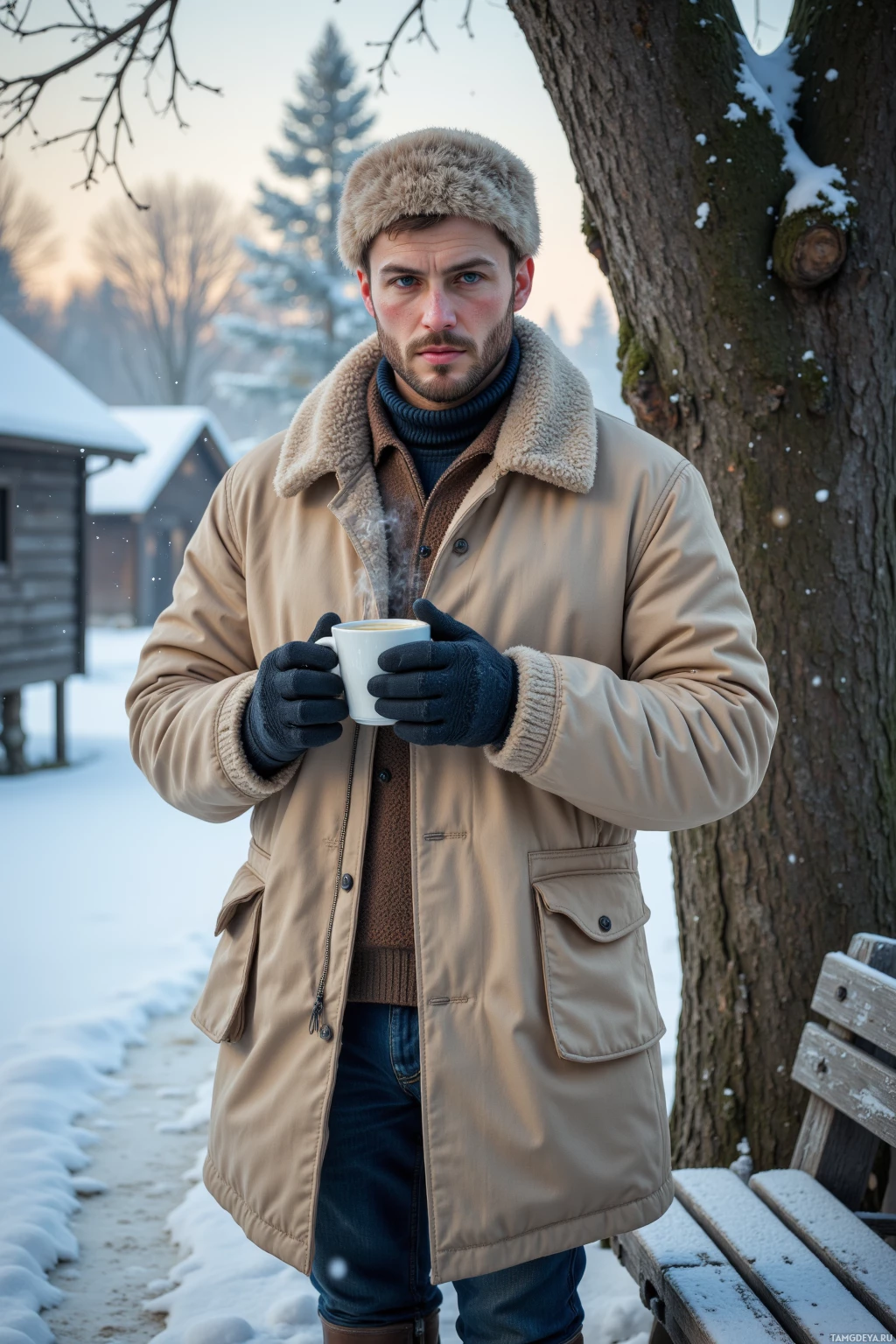 Realistic high quality photo. A 31‑year‑old Russian man with short dark brown hair, bright blue eyes, freckles on his cheeks, wearing an ushanka hat, cream coat, gloves, sturdy boots, holding a steaming cup of tea wrapped in cloth, standing beside a wooden bench next to a frosted tree in a quiet village at early dawn with snow gently falling.