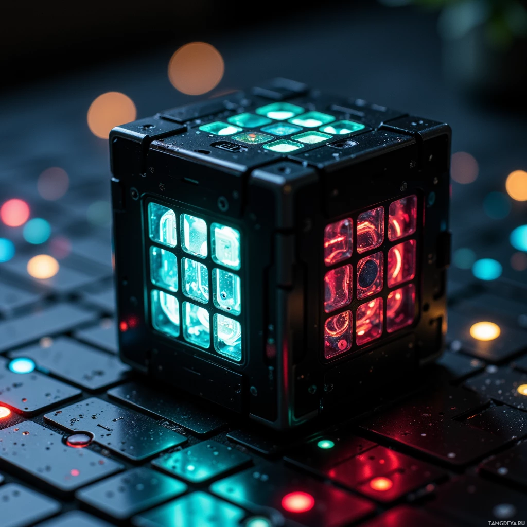 Semi-abstract image with many light, that is suitable for the post:  3.5‑inch matte black handheld glass cube with translucent panels, subtle OLED glow revealing a 6×6 Latin square on each face, miniature speaker crackling Morse code, sleek metallic edges and shifting cipher patterns.