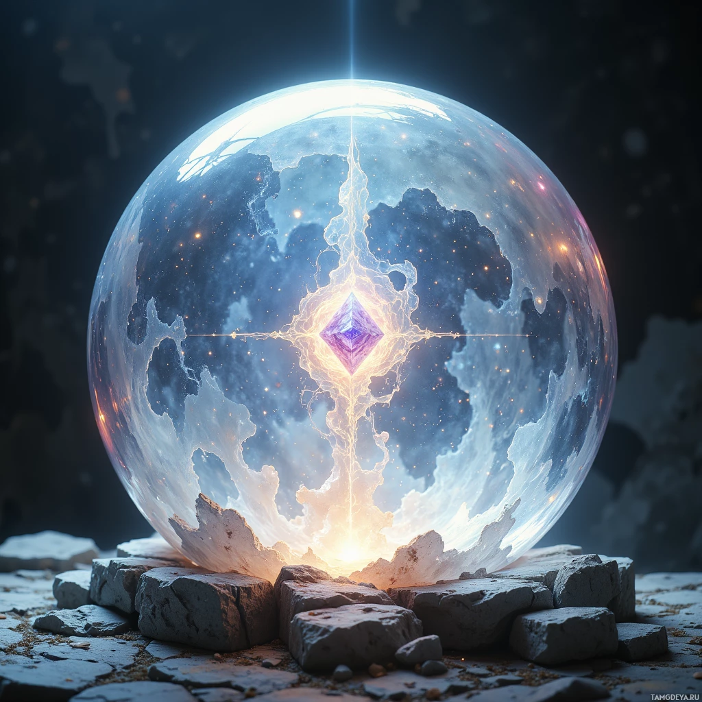 Semi-abstract image with many light, that is suitable for the post:  A translucent silvery moonstone orb, crystal-cut sphere with a rippling reflective surface, shifting pastel hues, intricate sigil etchings glowing faintly, and faint ethereal silhouettes dancing across its surface.
